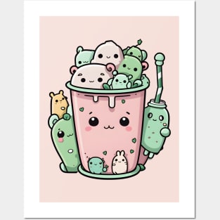 Kawaii Boba Tea with Cute Animals Posters and Art